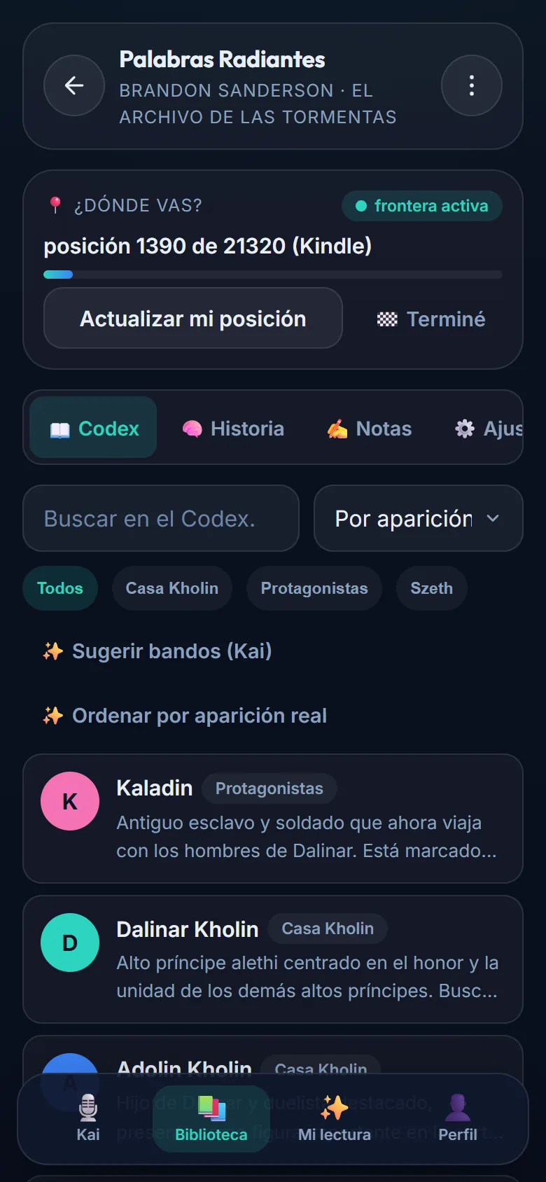 Ficha de «Palabras Radiantes» con la frontera de spoiler activa en la posición 1390 de 21320 y, debajo, el Codex con Kaladin, Dalinar y Adolin agrupados por bando.