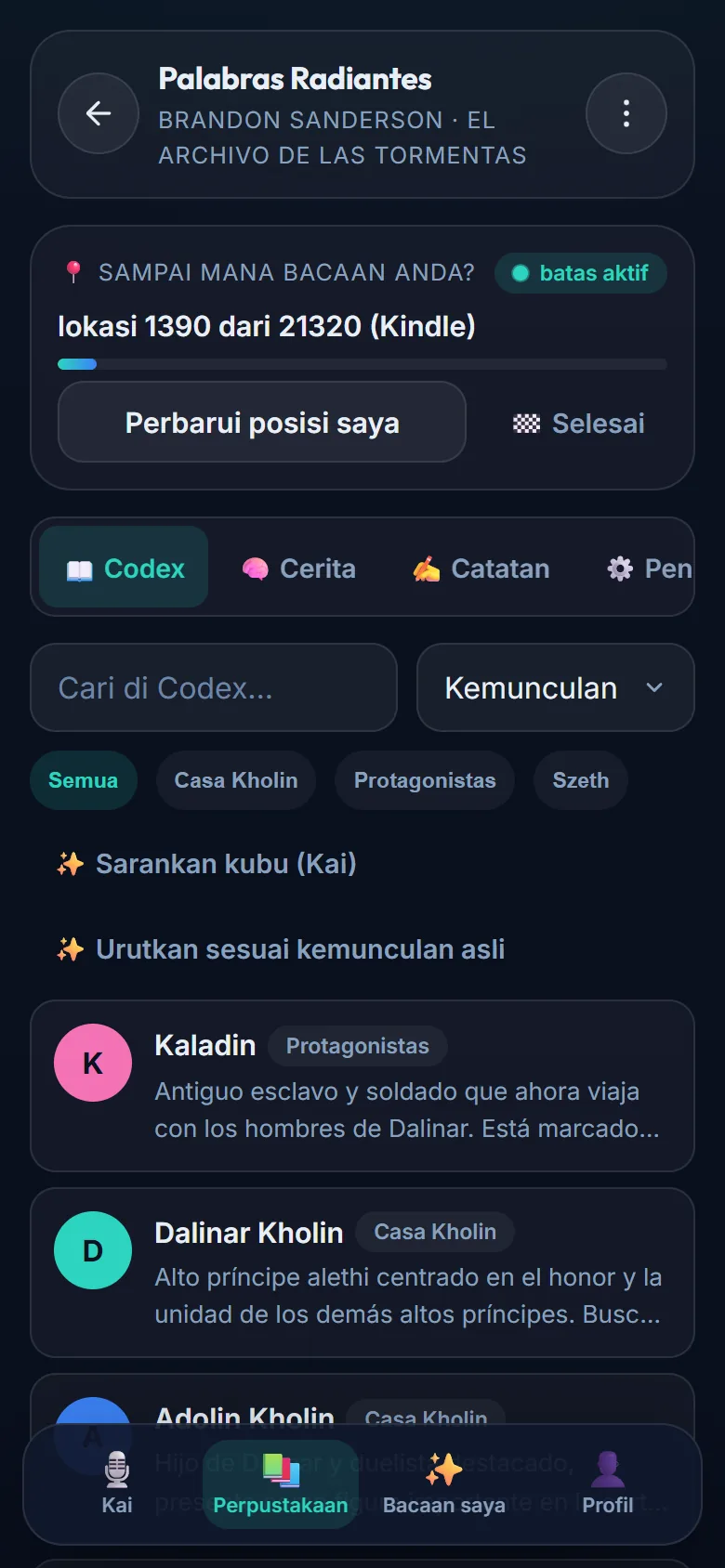 Halaman rincian “Palabras Radiantes” dengan batas spoiler aktif di posisi 1390 dari 21320 dan, di bawahnya, Codex berisi Kaladin, Dalinar, dan Adolin yang dikelompokkan menurut kubu.
