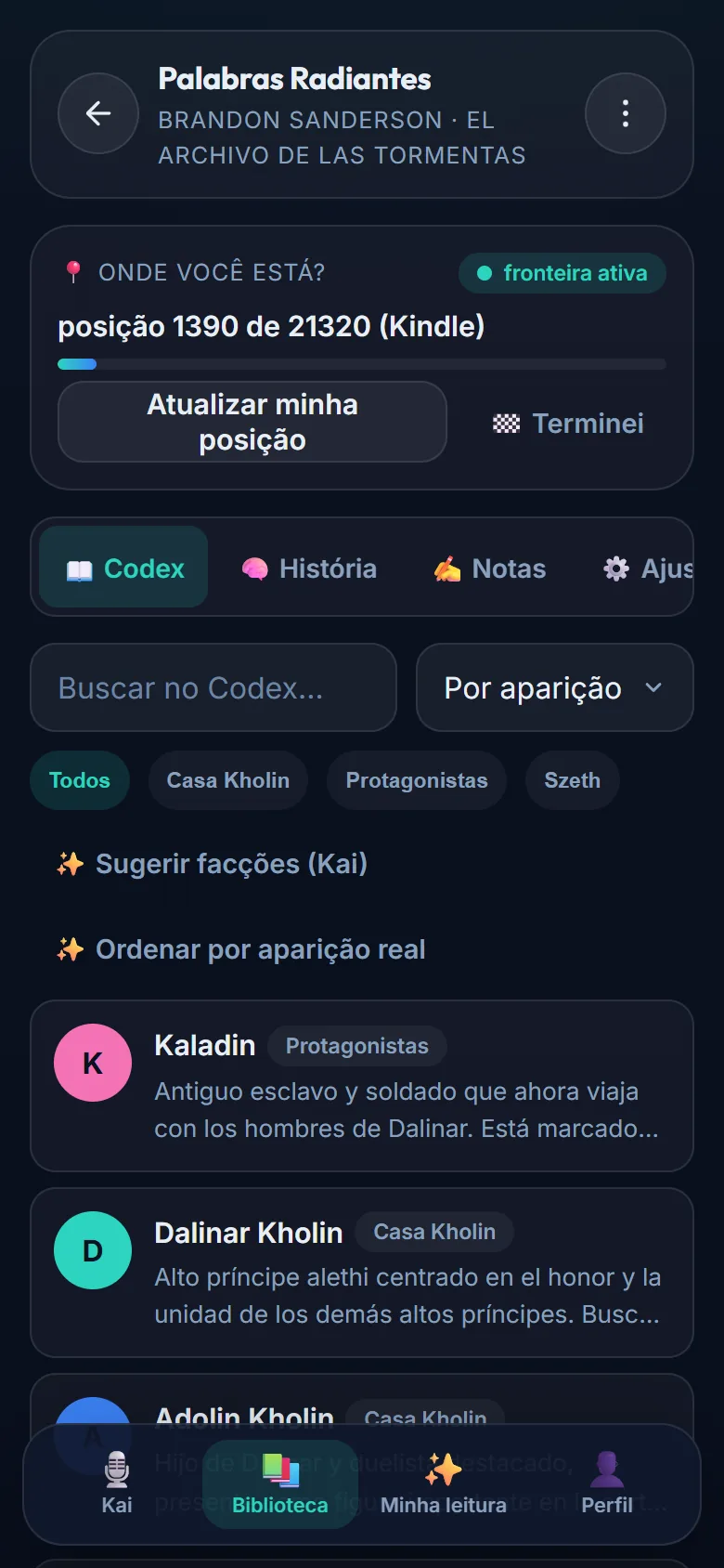 Ficha de “Palavras Radiantes” com a fronteira de spoiler ativa na posição 1390 de 21320 e, abaixo, o Codex com Kaladin, Dalinar e Adolin agrupados por lado.
